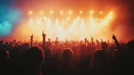 Fototapeta premium concert crowd silhouettes against vibrant stage lights atmospheric fog swirling through air electric atmosphere of music festival captured in dynamic composition