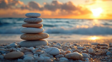 A serene stack of stones on a beach at sunset, symbolizing balance and tranquility.