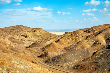 Volcanic hills landcape at salt lake Abbe, Dikhil region, Djibouti