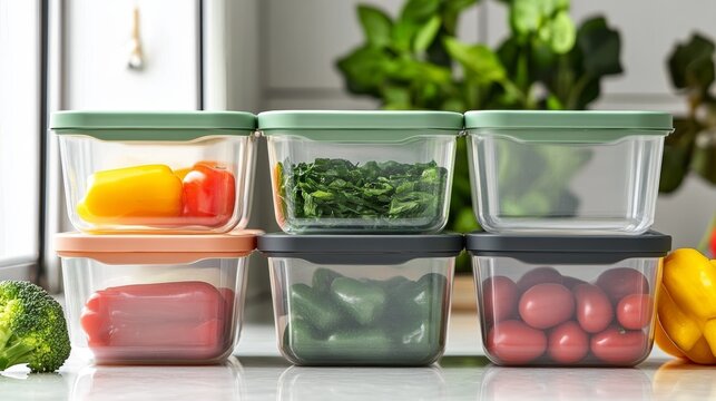 Colorful food storage containers filled with fresh vegetables perfect for meal prep and kitchen organization.
