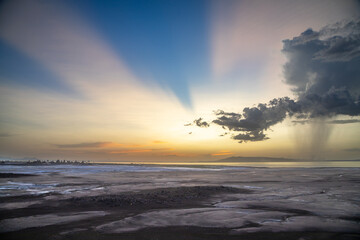 Sunset at the border of Djibouti and Ethiopia with salt lake Abbe in background, Dikhil region,...