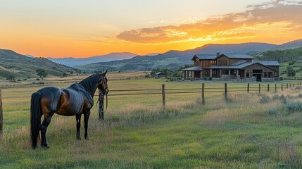 A serene sunset landscape featuring a horse near a rustic home in a picturesque setting.