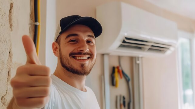 confident male electrician giving thumbs up near air conditioning unit home setting with tools visible professional demeanor with friendly smile conveying trust and expertise - Powered by Adobe