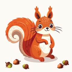 Cute squirrel with an acorn on white background. Vector illustration in cartoon flat style.