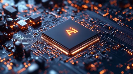 AI Chip Circuit Close-Up with Glowing Lights