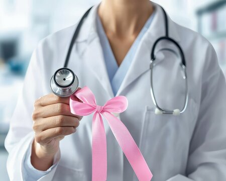 Female doctor holding a stethoscope with a pink ribbon, symbolizing health awareness. - Powered by Adobe
