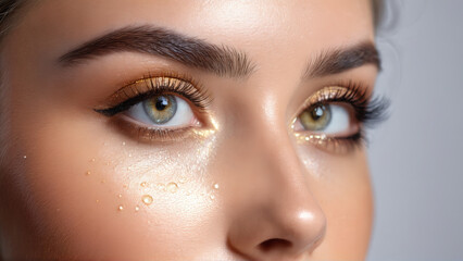 Fototapeta premium Bright eyed woman applying illuminating eye serum radiant glow smoothing droplets soft champagne light