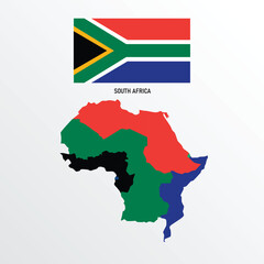 An illustration of the South African flag with a map could combine vibrant colors and symbolic elements. The flag itself has a horizontal Y-shape, with black, green, and yellow colors.