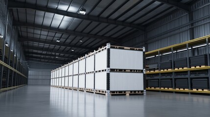Obraz premium Modern warehouse interior with organized pallets and spacious aisles for efficient storage and logistics operations.