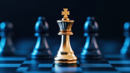 A golden king chess piece stands triumphantly among black pawns, symbolizing strategy, dominance, and game play.