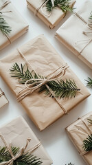 gift presents wrapping paper natural twine rustic eco-friendly decoration christmas brown paper pine fir minimalist holiday handmade sustainable green winter eco gift 