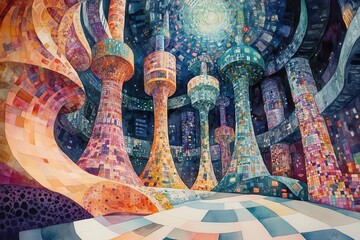 Illustrate Data Analysis in a traditional medium like watercolor, portraying intricate patterns and structures from a unique tilted perspective