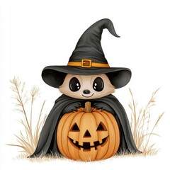 A cute cartoon panda in a witch hat poses with a carved pumpkin, perfect for Halloween-themed art and decorations.