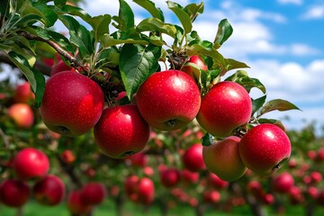 Obraz premium Apple trees in an orchard, their branches heavy with ripe fruit on a rural farm