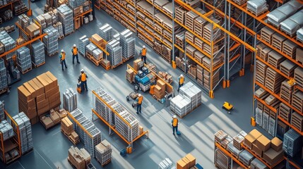 Produce a detailed aerial view of a warehouse with neatly organized inventory shelves and busy workers, illustrating efficient inventory management in a digital art style