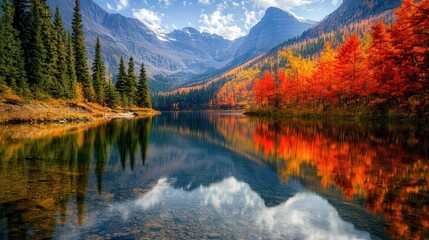 Obraz premium A serene autumn landscape with vibrant foliage reflecting in a calm lake surrounded by mountains.