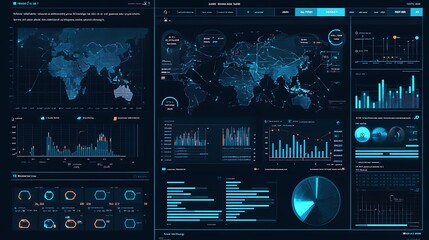 Futuristic Interface with World Map and Data Visualizations.