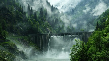 Fototapeta premium Misty Dam and Waterfall in the Mountains