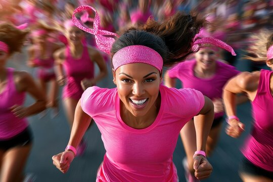 Energetic woman of mixed ethnicity running in a crowd during a charity event.