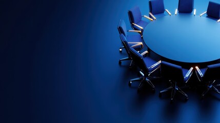 Modern conference room with a round table and stylish chairs, illuminated in blue tones, ideal for corporate meetings.