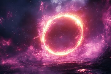 Obraz premium futuristic quantum portal emitting intense purple neon glow circular frame with defocused light flares against dark backdrop scifi inspired digital illustration