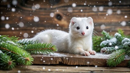 Soft, velvety fur of a snow mink stretches languidly across a rustic wooden table, surrounded by wintergreen branches and twinkling snowflakes.