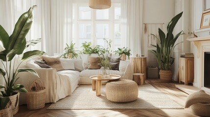 cozy scandinavian living room bathed in soft morning light minimalist furniture lush plants and warm textures create an inviting atmosphere of relaxation and style