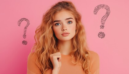 Contemplative Young Woman With Hand-Drawn Question Marks On A Pink Background: A Symbolic Representation Of Pondering And Reflection.