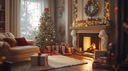 Cozy Christmas Living Room with Fireplace and Decorated Tree