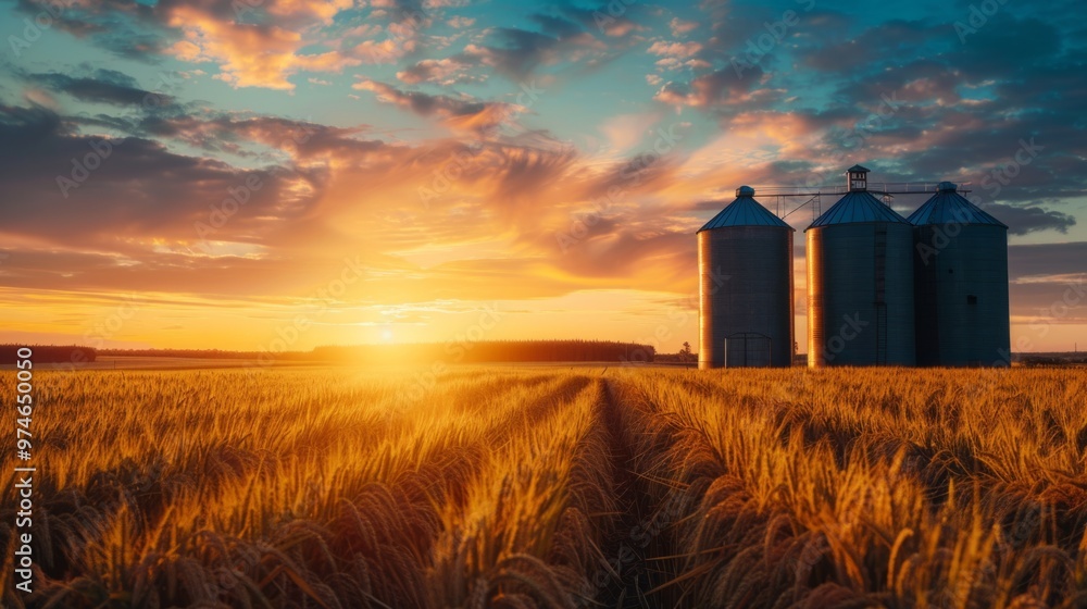 Poster a field of golden wheat with three silo towers in the background