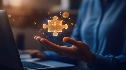 Businessman use laptop with jigsaw icon for solution and leadership strategies concept,Digital solution, collaboration,partners,merge,matching concept, use technology run fast jigsaw organization,Ai