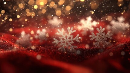 crystalline snowflakes transforming into twinkling lights red silk backdrop with flowing golden particles elegant and magical christmas atmosphere