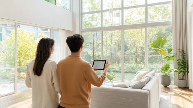 Asian couple using augmented reality to visualize furniture arrangement in a spacious, sunlit living room