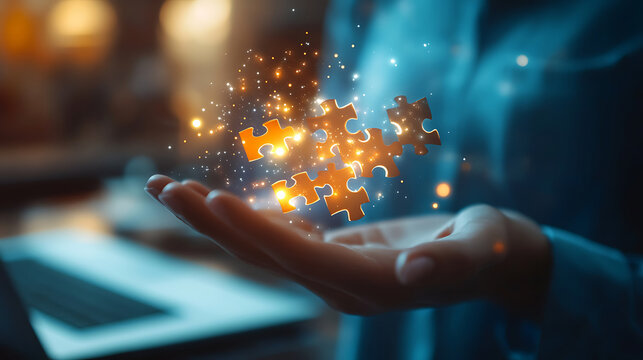 Businessman use laptop with jigsaw icon for solution and leadership strategies concept,social media native, ad, advertisers, sales, Digital marketing,Businessman use laptop with advertising on website - Powered by Adobe