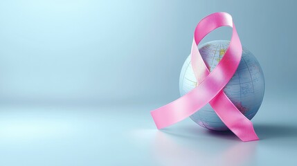 Globe with pink ribbon symbolizing breast cancer awareness and global health initiatives.