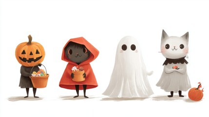 Obraz premium Four charming characters dressed in Halloween costumes, including a pumpkin head, a red-hooded figure, a ghost, and a cat-like figure, holding baskets for trick-or-treating.