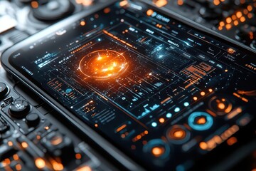 futuristic smartphone ui design floating in space holographic orange and blue elements clean white background 3d icons and flowing data visualizations