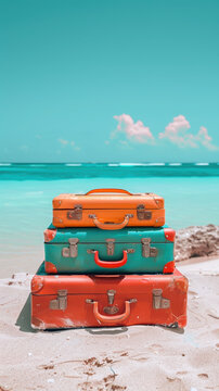 beach suitcases ocean travel vacation luggage sand tropical sky summer holiday colorful journey relaxation seaside exploration trip adventure leisure stack 