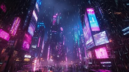 cyberpunk megalopolis under neondrenched sky towering skyscrapers piercing clouds holographic billboards casting otherworldly glow on rainslicked streets below
