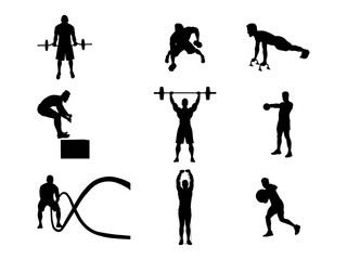 Set of Crossfit Silhouette in various poses isolated on white background