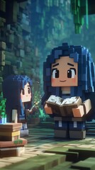 Pixel art depicting two characters with blue hair sharing a moment in a magical forest, where one is reading a book while the other holds a sparkling wand.