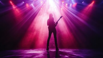 A rock guitarist passionately performing on stage under bright pink and purple lights, with smoke effects adding drama. Concept: Music, energy, and performance.