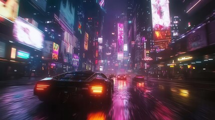 Obraz premium cyberpunk street racing scene neoninfused muscle cars weaving through vertical megacity holographic billboards blur past