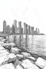 Doha, Qatar, black and white pen pencil hand-drawn effect portrait drawing illustration for travel poster, card, wallpaper, backdrop or banner. Modern, clear, artistic and simple