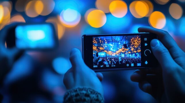 A person capturing a live concert on their smartphone, with a bokeh background of warm and cool lights. Concept: Technology and live experiences.