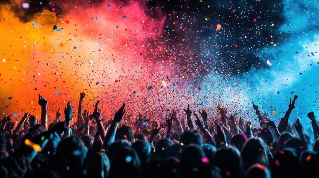 A vibrant festival crowd cheering as colored smoke fills the sky in dramatic bursts. Concept: Celebration, unity, and expression.