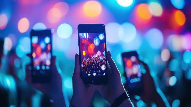 A person capturing a live concert on their smartphone, with a bokeh background of warm and cool lights. Concept: Technology and live experiences.