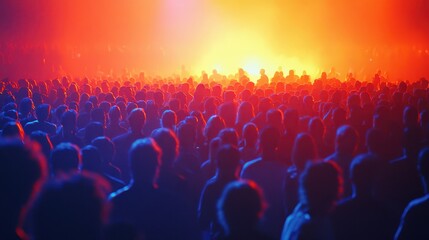 Obraz premium Large crowd of concertgoers enjoys a live performance under bright, colorful lights, with a dynamic stage in the background. Music festival concept.