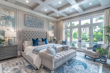Spacious master bedroom with grey and blue accents, elegant bed, plush seating, coffered ceiling, and large window for a luxurious, tranquil ambiance.