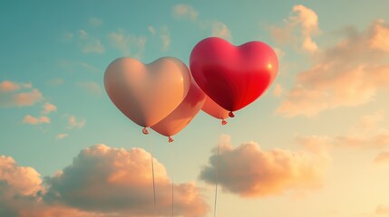 Fototapeta premium Heart-shaped balloons floating among soft pastel clouds, evoking feelings of love and serenity. Concept: Romance and dreamy atmosphere.
